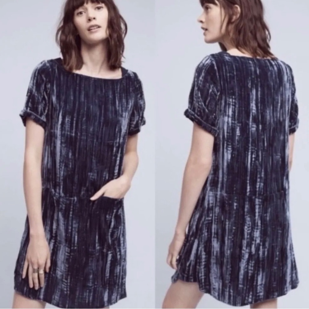 Anthropologie Crinkled Velvet Tunic Navy Crushed Short Sleeve Shift Dress